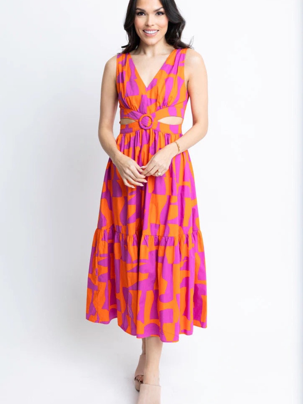 KARLIE Geometric Poplin Cut Out Maxi Dress SZ L